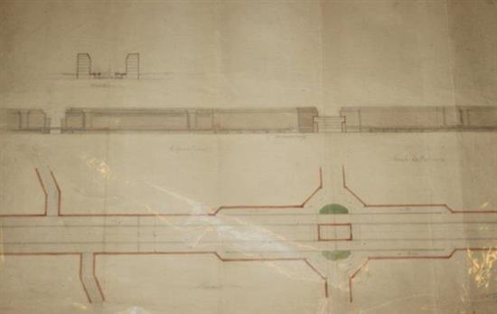 Giles Gilbert Smith floor plan dated April 1942, furniture designs en verso, 4 unsigned drawings(-)